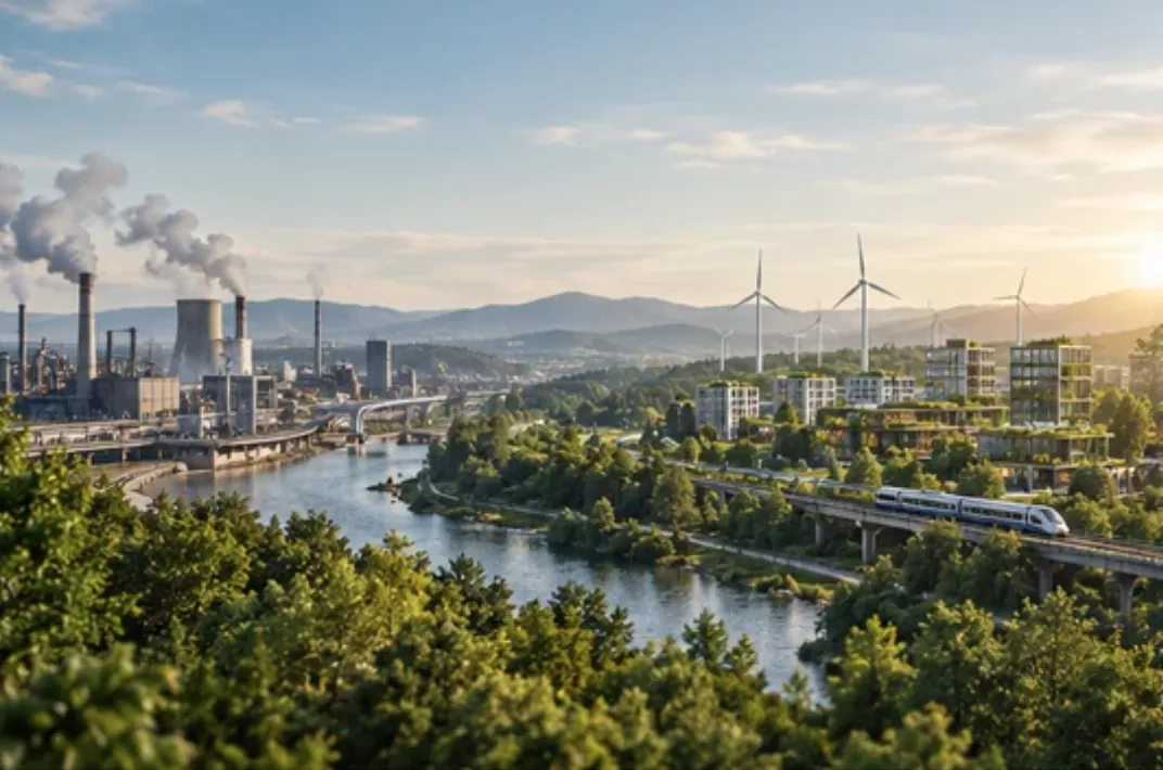 Paysage en transition : à gauche une centrale à charbon aux cheminées fumantes, à droite des éoliennes, des bâtiments végétalisés et un train au bord d'un fleuve