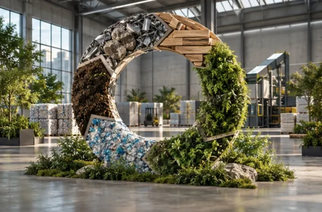 Sculpture circulaire en ferraille, bois, terre, plastique et plantes dans un entrepôt, symbole de l'économie circulaire