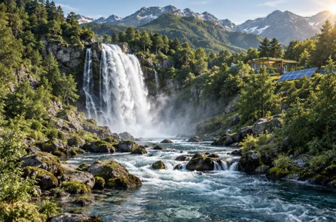 Cascade dans un paysage de montagne boisé, avec à côté une maison équipée de panneaux solaires