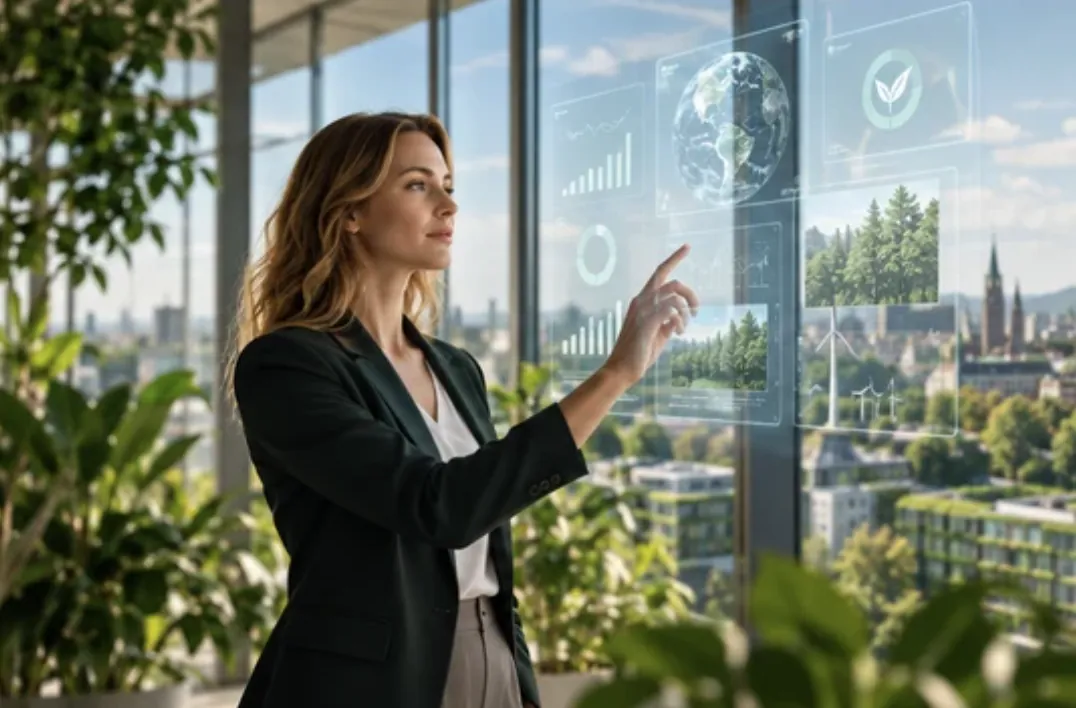 Femme en blazer touchant un écran numérique qui affiche des données de durabilité, un globe et des images de forêt, devant la fenêtre d'un bureau donnant sur la ville