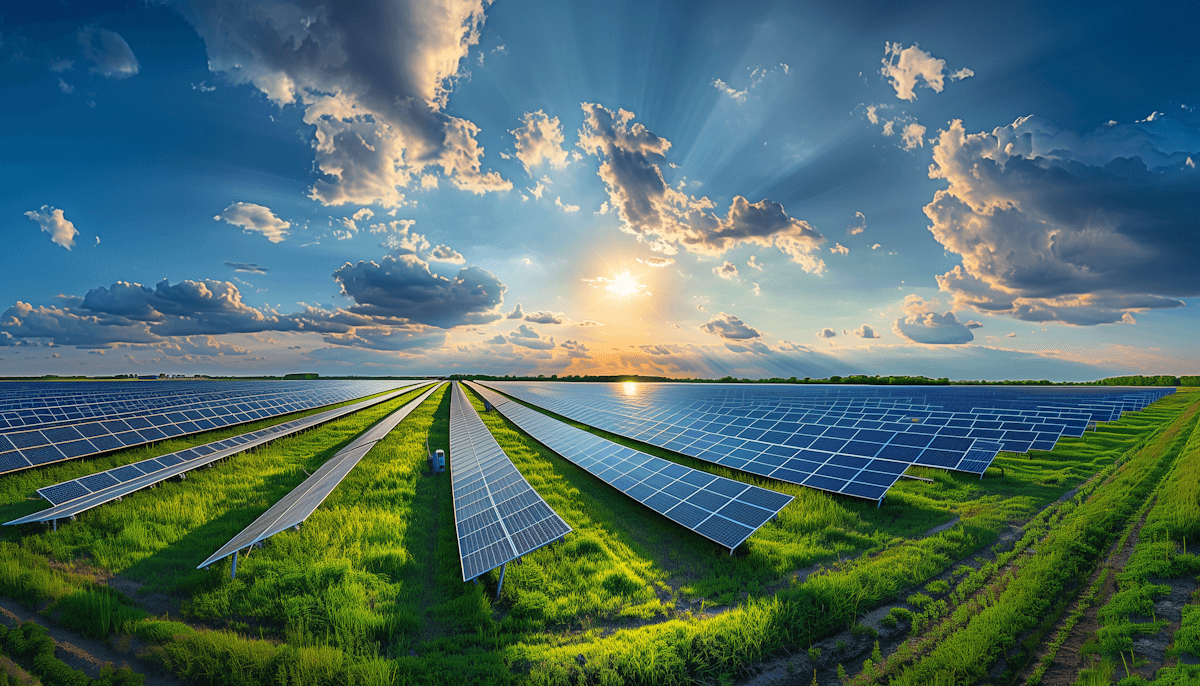 Rows of solar panels under a vibrant sky, illustrating sustainability insights and clean energy impact.