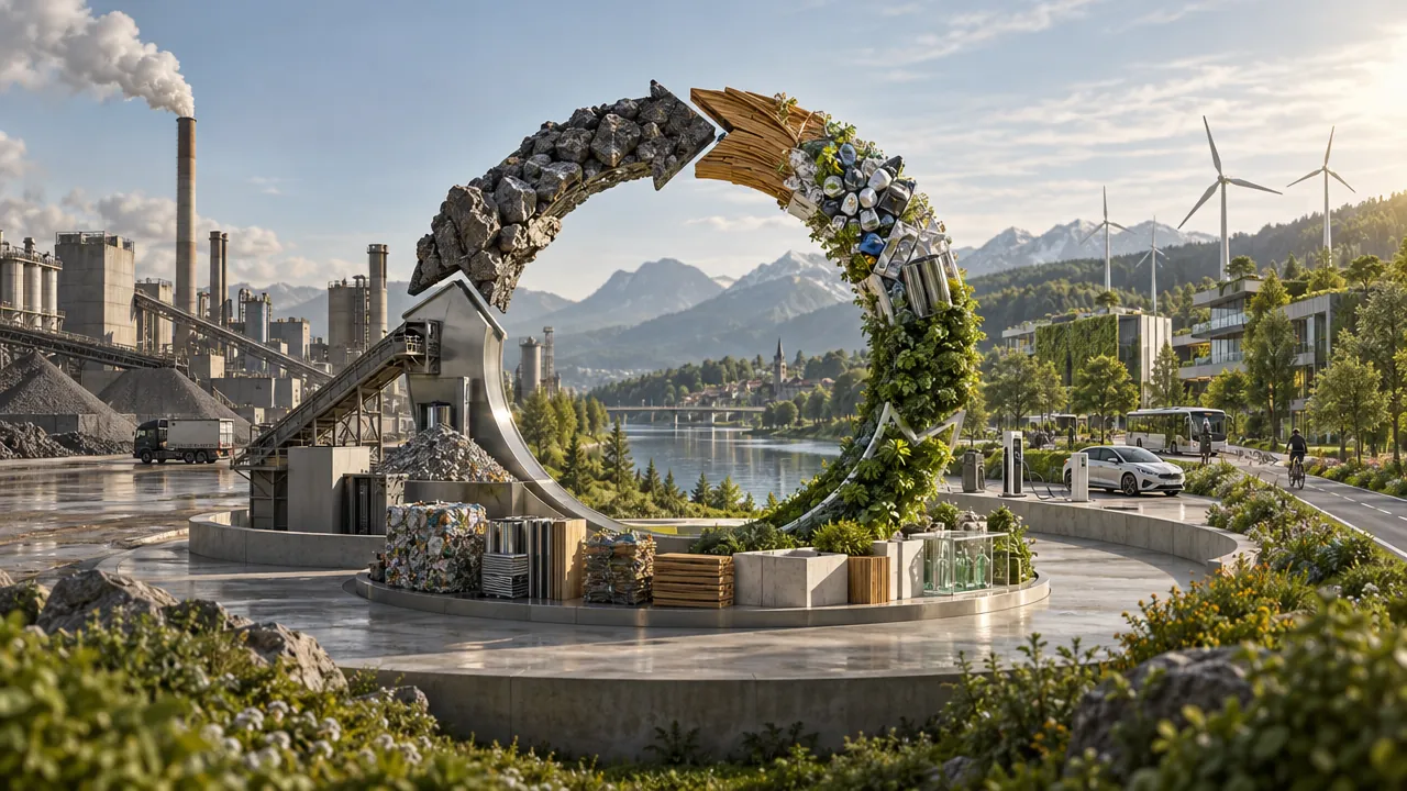 Sculpture circulaire en roche, bois, matériaux recyclés et plantes, entre une zone industrielle et une ville verte avec des éoliennes, une voiture électrique et une piste cyclable
