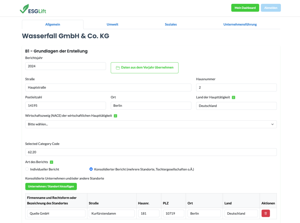 Stammdateneingabe mit ESG Lift