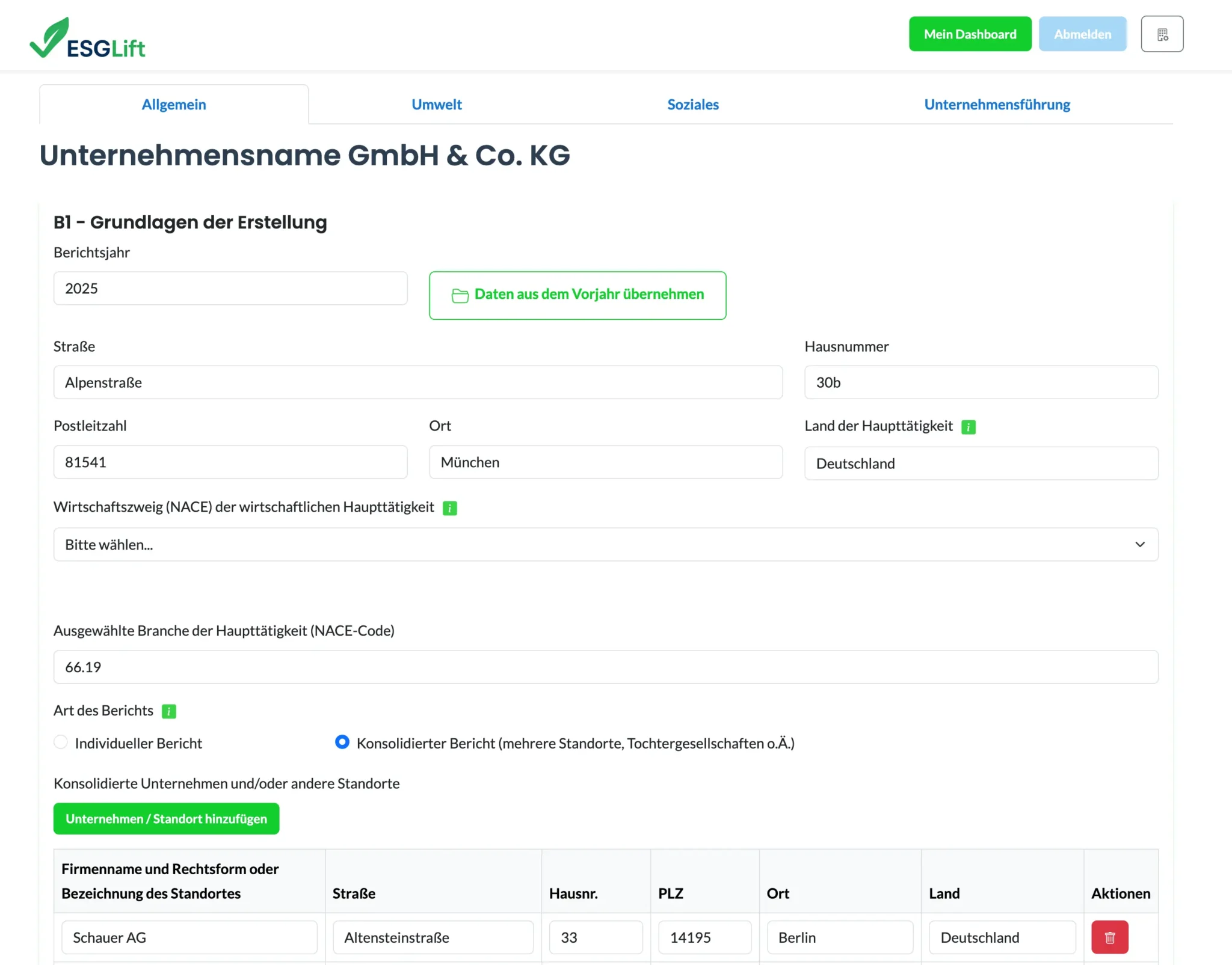 ESG Lift Dashboard with company consolitdation